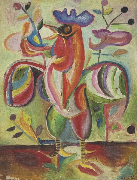 La Collection Barjeel. 100 chefs d'oeuvre de l'art moderne et contemporain arabe : Shakir Hassan Al Said, Al Deel al Faseeh (The Articulate Cockerel), 1954, huile sur toile, 60 x 44 cm